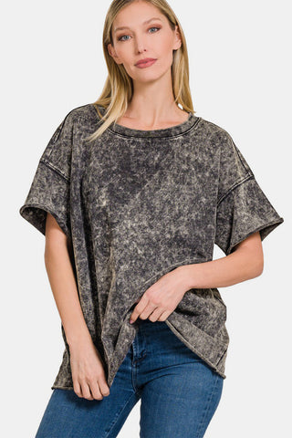 Shop Black Zenana Rolled Round Neck Short Sleeve T-Shirt - High-Quality U.S. Made Women’s Fashion with Free & Fast Shipping