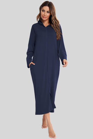 Shop Navy Zip Front Hooded Night Dress with Pockets - High-Quality U.S. Made Women’s Fashion with Free & Fast Shipping