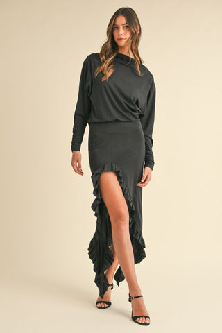 Shop Black Mable Backless Asymmetric Ruffle Hem Dress - High-Quality U.S. Made Women’s Fashion with Free & Fast Shipping