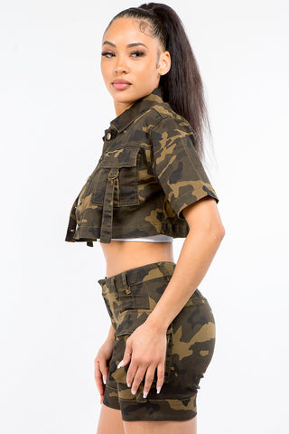 Shop American Bazi Full Size Camouflage Short Sleeve Cropped Jacket - High-Quality U.S. Made Women’s Fashion with Free & Fast Shipping