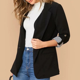 Shop Lapel Collar Roll-Tab Sleeve Blazer - High-Quality U.S. Made Women’s Fashion with Free & Fast Shipping