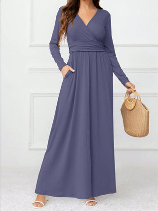 Shop Pocketed Surplice Long Sleeve Maxi Dress - High-Quality U.S. Made Women’s Fashion with Free & Fast Shipping