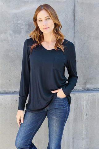 Shop Dark Blue Basic Bae Full Size V-Neck Long Sleeve Top - High-Quality U.S. Made Women’s Fashion with Free & Fast Shipping