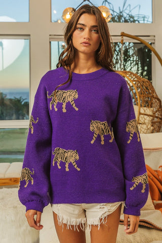 Shop BiBi Tiger Pattern Long Sleeve Sweater - High-Quality U.S. Made Women’s Fashion with Free Fast Shipping