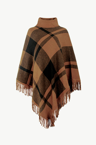 Shop Chestnut One Size Plaid Turtleneck Fringe Hem Poncho - High-Quality U.S. Made Women’s Fashion with Free & Fast Shipping