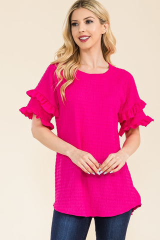 Shop Fuchsia Celeste Full Size Ruffle Short Sleeve Texture Top - High-Quality U.S. Made Women’s Fashion with Free & Fast Shipping