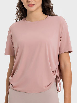 Shop Millennia Drawstring Round Neck Short Sleeve Active T-Shirt - High-Quality U.S. Made Women’s Fashion with Free Fast Shipping