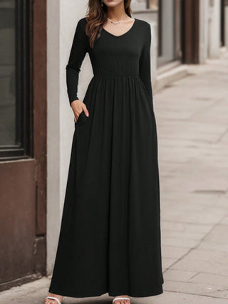 Shop Black Pocketed V-Neck Long Sleeve Maxi Dress - High-Quality U.S. Made Women’s Fashion with Free & Fast Shipping