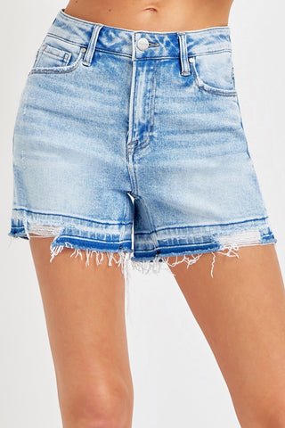 Shop Light RISEN High Rise Distressed Hem Denim Shorts - High-Quality U.S. Made Women’s Fashion with Free & Fast Shipping