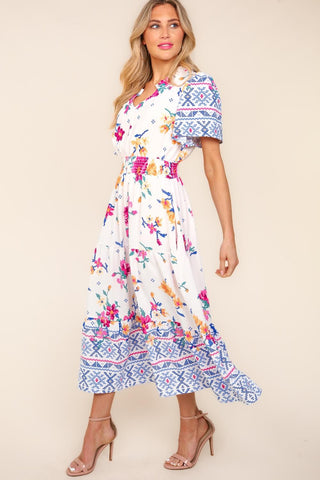 Shop Haptics Printed Notched Short Sleeve Tiered Dress - High-Quality U.S. Made Women’s Fashion with Free & Fast Shipping