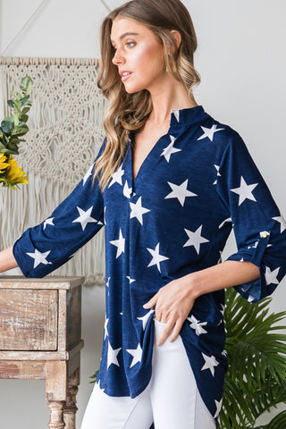 Shop Heimish Full Size Roll-Tab Sleeve Star Print Top - High-Quality U.S. Made Women’s Fashion with Free & Fast Shipping