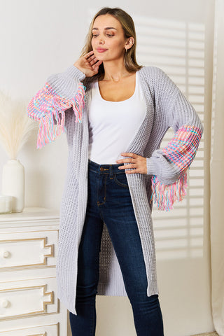 Shop Cloudy Blue Woven Right Fringe Sleeve Dropped Shoulder Cardigan - High-Quality U.S. Made Women’s Fashion with Free & Fast Shipping