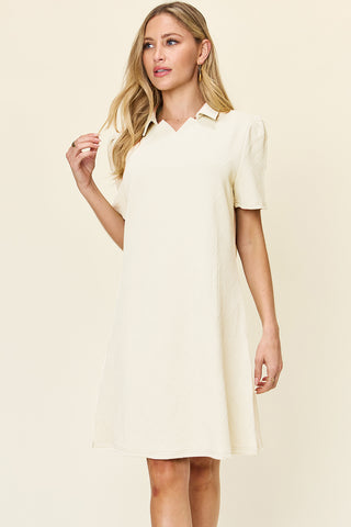 Shop Cream Double Take Full Size Texture Collared Neck Short Sleeve Dress - High-Quality U.S. Made Women’s Fashion with Free & Fast Shipping