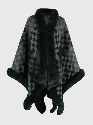 Shop Sage One Size Checkered Faux Fur Trim Poncho - High-Quality U.S. Made Women’s Fashion with Free & Fast Shipping