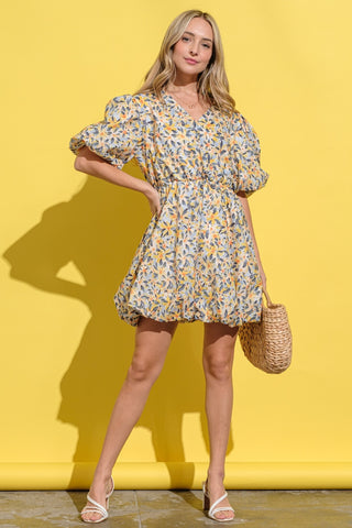 Shop Yellow Multi And The Why Full Size Floral Surplice Puff Sleeve Dress - High-Quality U.S. Made Women’s Fashion with Free & Fast Shipping