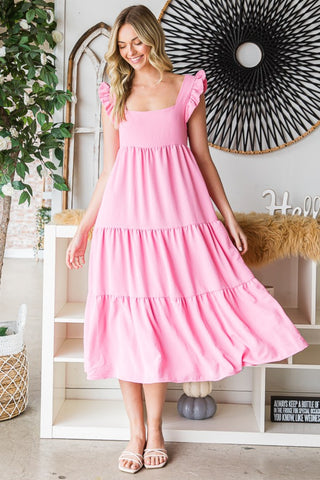 Shop Bubble Pink Reborn J Ruffled Sleeveless Tiered Midi Dress - High-Quality U.S. Made Women’s Fashion with Free & Fast Shipping