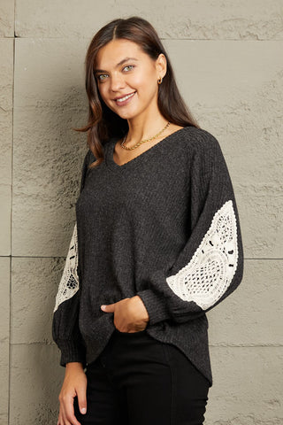 Shop Sew In Love Full Size Lace Patch Detail Sweater - High-Quality U.S. Made Women’s Fashion with Free & Fast Shipping