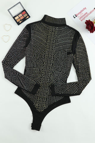 Shop Rhinestone Mock Neck Long Sleeve Bodysuit - High-Quality U.S. Made Women’s Fashion with Free & Fast Shipping