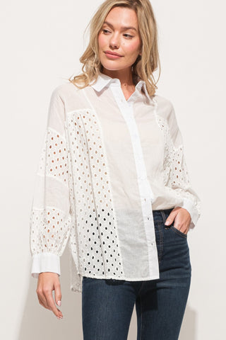 Shop WHITE And The Why Eyelet Long Sleeve Button Down Shirt - High-Quality U.S. Made Women’s Fashion with Free & Fast Shipping