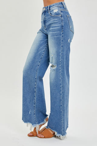 Shop RISEN Full Size High Rise Frayed Hem Wide Leg Jeans - High-Quality U.S. Made Women’s Fashion with Free & Fast Shipping