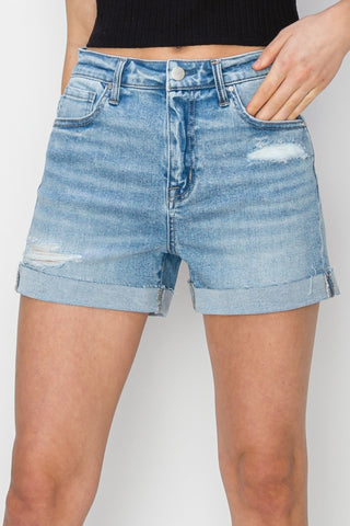 Shop RISEN Distressed Mid-Rise Waist Denim Shorts - High-Quality U.S. Made Women’s Fashion with Free & Fast Shipping