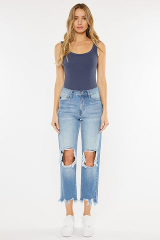 Shop Kancan High Waist Chewed Up Straight Mom Jeans - High-Quality U.S. Made Women’s Fashion with Free & Fast Shipping