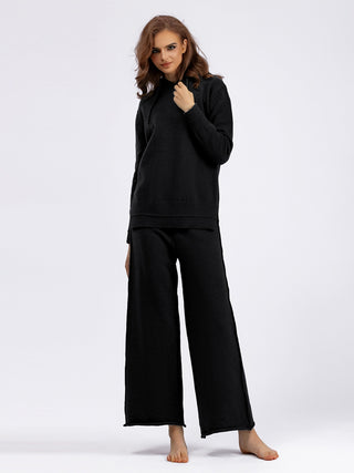 Shop Black One Size Long Sleeve Hooded Sweater and Knit Pants Set - High-Quality U.S. Made Women’s Fashion with Free & Fast Shipping