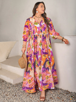 Shop Plus Size Printed Tie Neck Maxi Dress - High-Quality U.S. Made Women’s Fashion with Free Fast Shipping