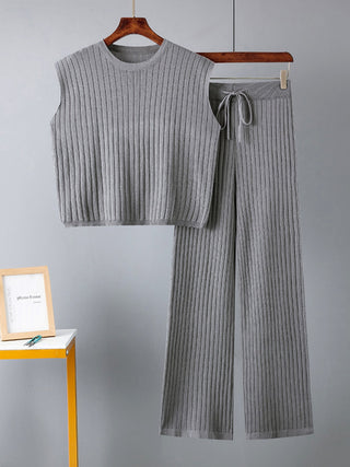 Shop Ribbed Sweater Vest and Drawstring Knit Pants Set - High-Quality U.S. Made Women’s Fashion with Free & Fast Shipping