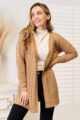 Shop Caramel Woven Right Openwork Horizontal Ribbing Open Front Cardigan - High-Quality U.S. Made Women’s Fashion with Free & Fast Shipping