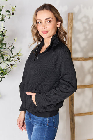 Shop Half Buttoned Collared Neck Sweatshirt with Pocket - High-Quality U.S. Made Women’s Fashion with Free & Fast Shipping