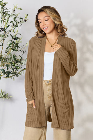 Shop Basic Bae Full Size Ribbed Open Front Cardigan with Pockets - High-Quality U.S. Made Women’s Fashion with Free & Fast Shipping