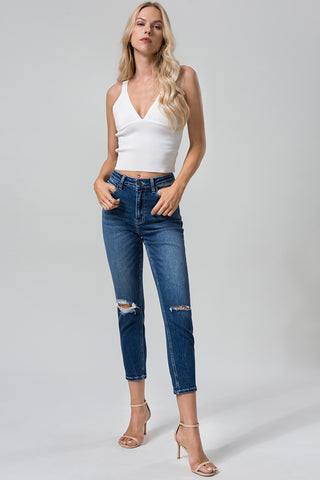 Shop BAYEAS Full Size High Waist Distressed Washed Cropped Mom Jeans - High-Quality U.S. Made Women’s Fashion with Free & Fast Shipping