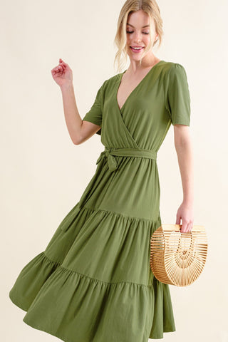 Shop GREEN And The Why Soft Short Sleeve Tiered Midi Dress - High-Quality U.S. Made Women’s Fashion with Free & Fast Shipping