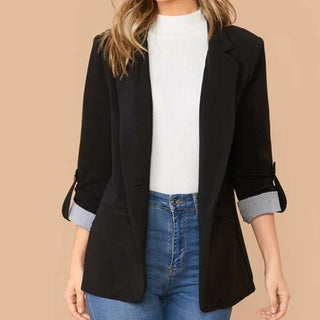 Shop Black Lapel Collar Roll-Tab Sleeve Blazer - High-Quality U.S. Made Women’s Fashion with Free & Fast Shipping