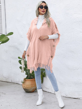 Shop Fringe Trim Buttoned Hooded Poncho - High-Quality U.S. Made Women’s Fashion with Free Fast Shipping