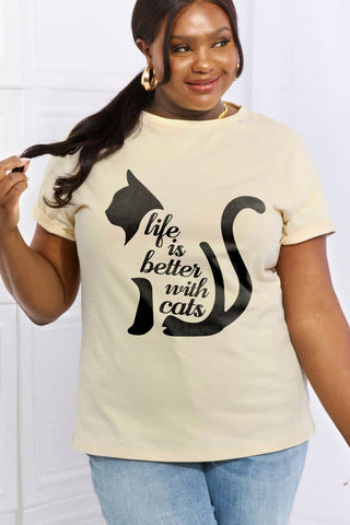 Shop Simply Love Full Size LIFE IS BETTER WITH CATS Graphic Cotton Tee Now On Klozey Store - Trendy U.S. Premium Women Apparel & Accessories And Be Up-To-Fashion!
