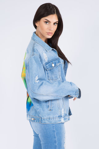 Shop American Bazi Full Size Painted Back Distressed Denim Jacket - High-Quality U.S. Made Women’s Fashion with Free & Fast Shipping