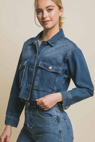 Shop Love Tree Raw Hem Button Up Cropped Denim Jacket - High-Quality U.S. Made Women’s Fashion with Free & Fast Shipping