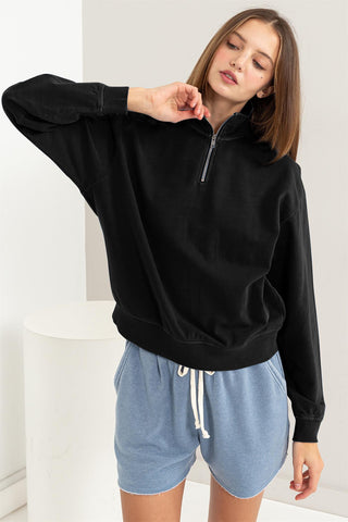 Shop Black HYFVE Half Zip Drop Shoulder Sweatshirt - High-Quality U.S. Made Women’s Fashion with Free & Fast Shipping