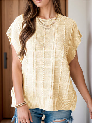 Shop Beige Round Neck Cap Sleeve Knit Top - High-Quality U.S. Made Women’s Fashion with Free & Fast Shipping