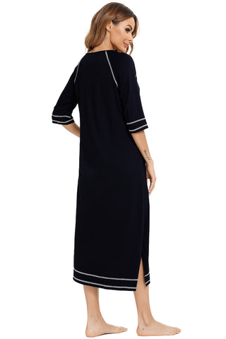 Shop Zip Up Slit Round Neck Night Dress with Pockets - High-Quality U.S. Made Women’s Fashion with Free Fast Shipping