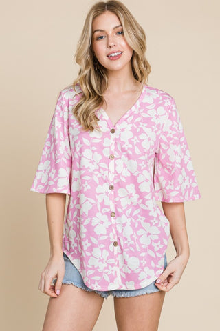 Shop BOMBOM Floral Decorative Button V-Neck Top - High-Quality U.S. Made Women’s Fashion with Free & Fast Shipping