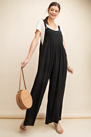 Shop Black Kori America Full Size Sleeveless Ruched Wide Leg Overalls - High-Quality U.S. Made Women’s Fashion with Free & Fast Shipping