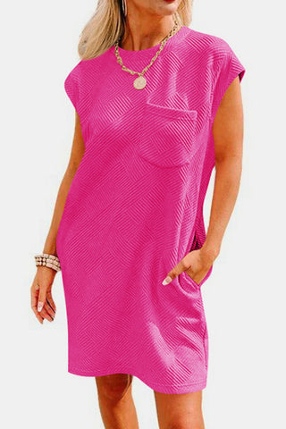 Shop Hot Pink Textured Round Neck Cap Sleeve Dress - High-Quality U.S. Made Women’s Fashion with Free & Fast Shipping