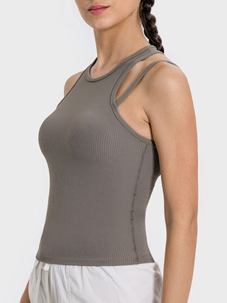 Shop Millennia Cutout Round Neck Racerback Active Tank - High-Quality U.S. Made Women’s Fashion with Free & Fast Shipping