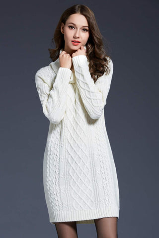 Shop Woven Right Full Size Mixed Knit Cowl Neck Dropped Shoulder Sweater Dress - High-Quality U.S. Made Women’s Fashion with Free & Fast Shipping