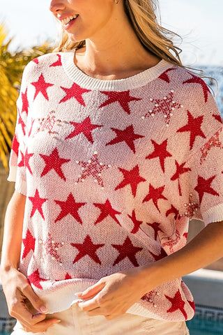 Shop BiBi Star Pattern Round Neck Short Sleeve Knit Top - High-Quality U.S. Made Women’s Fashion with Free & Fast Shipping