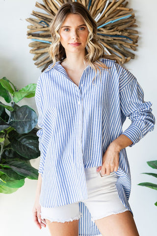 Shop First Love Striped Button Down High-Low Hem Shirt - High-Quality U.S. Made Women’s Fashion with Free & Fast Shipping