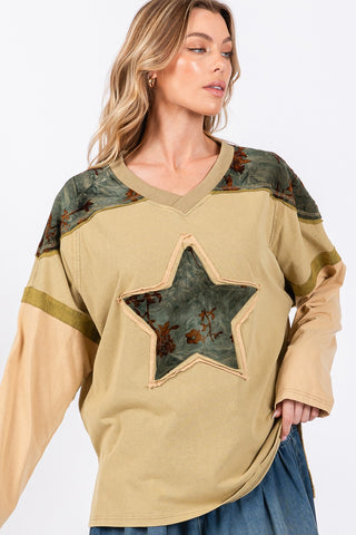 Shop SAGE + FIG Star Patch Long Sleeve Color Block T-Shirt - High-Quality U.S. Made Women’s Fashion with Free & Fast Shipping